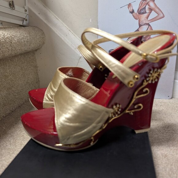 Giuseppe Zanotti Leather Platform Sandals- Deep Red and Gold - Picture 1 of 8